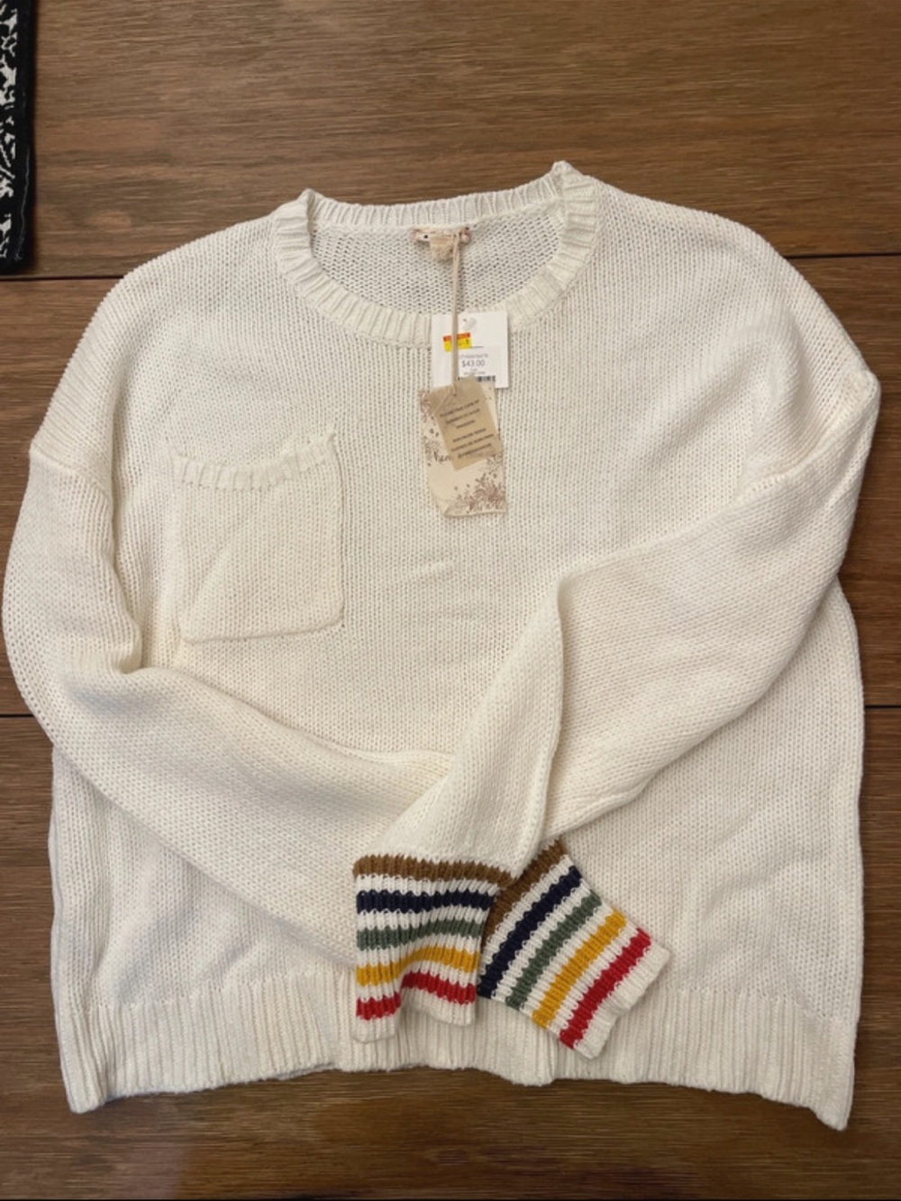 Hem & Thread Cream Crewneck Sweater with Rainbow Stripe Cuffs